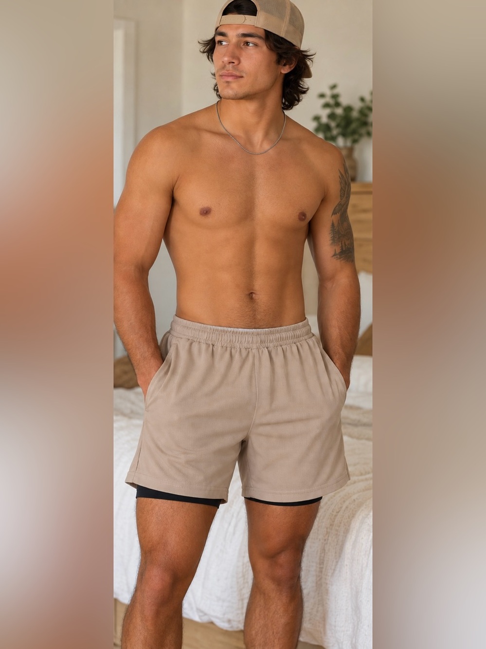 Gymshark Men’s 2-in-1 Athletic Training Shorts Tan Black Size M